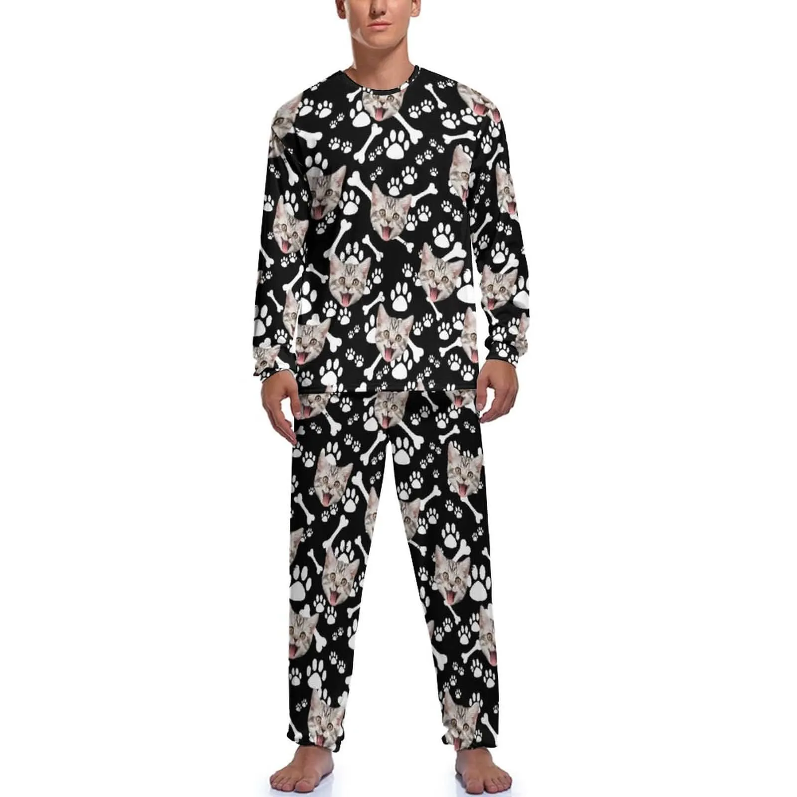 Custom Face Men's Long Sleeve Crewneck Pajamas Set Cat's Footprints Personalized Sleepwear Sets