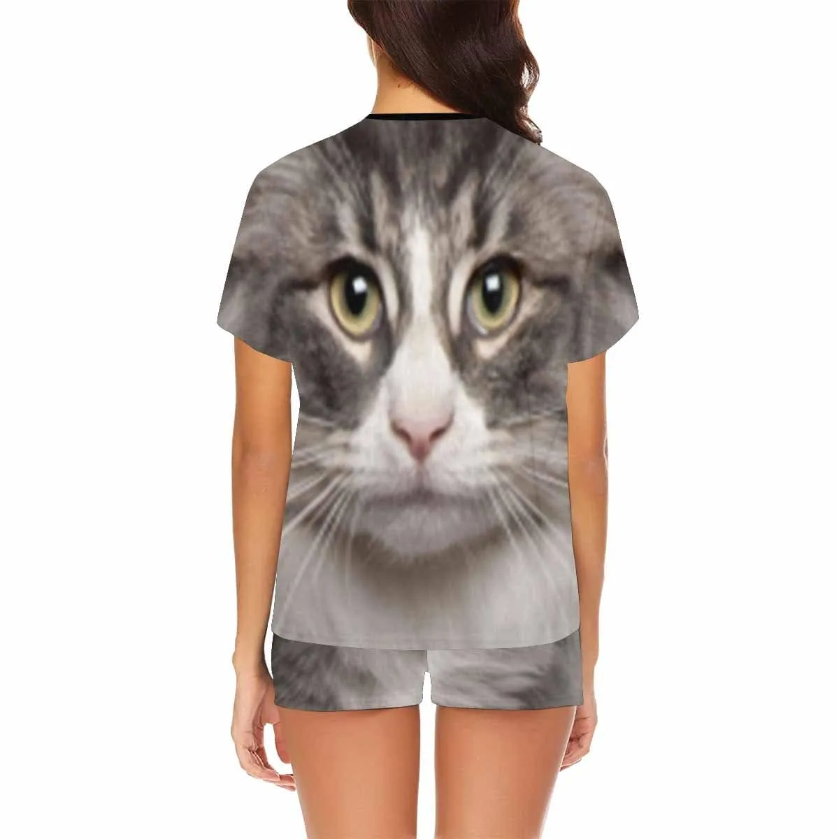 Custom Face Pet Pajamas Gray Cute Kitty Loungewear Personalized Photo Women's Short Pajama Set