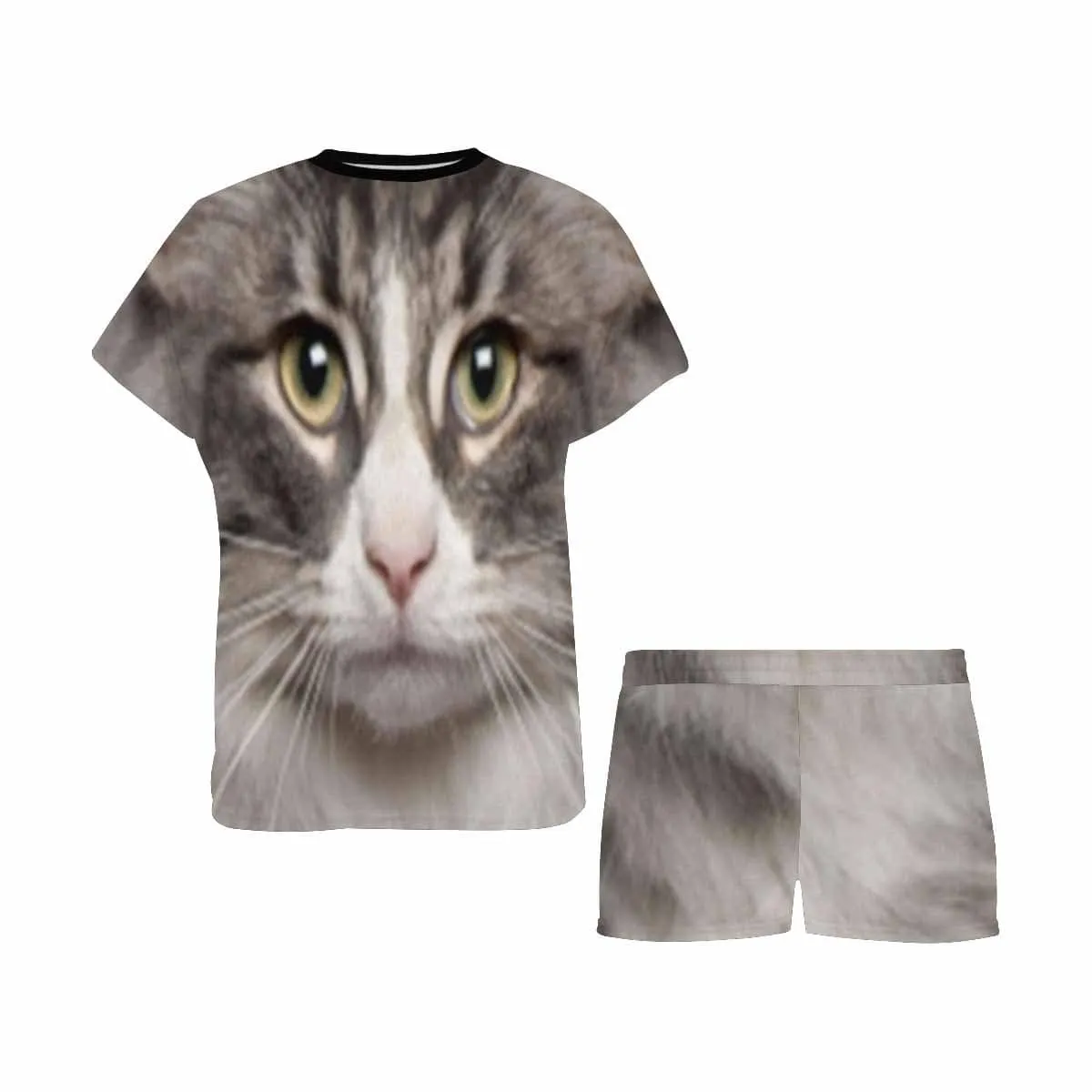 Custom Face Pet Pajamas Gray Cute Kitty Loungewear Personalized Photo Women's Short Pajama Set