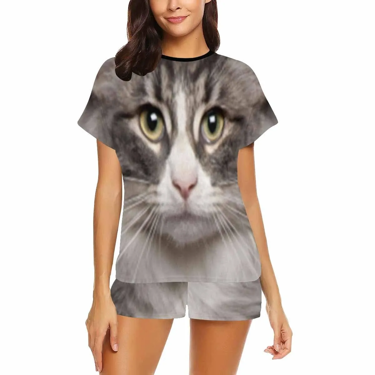 Custom Face Pet Pajamas Gray Cute Kitty Loungewear Personalized Photo Women's Short Pajama Set