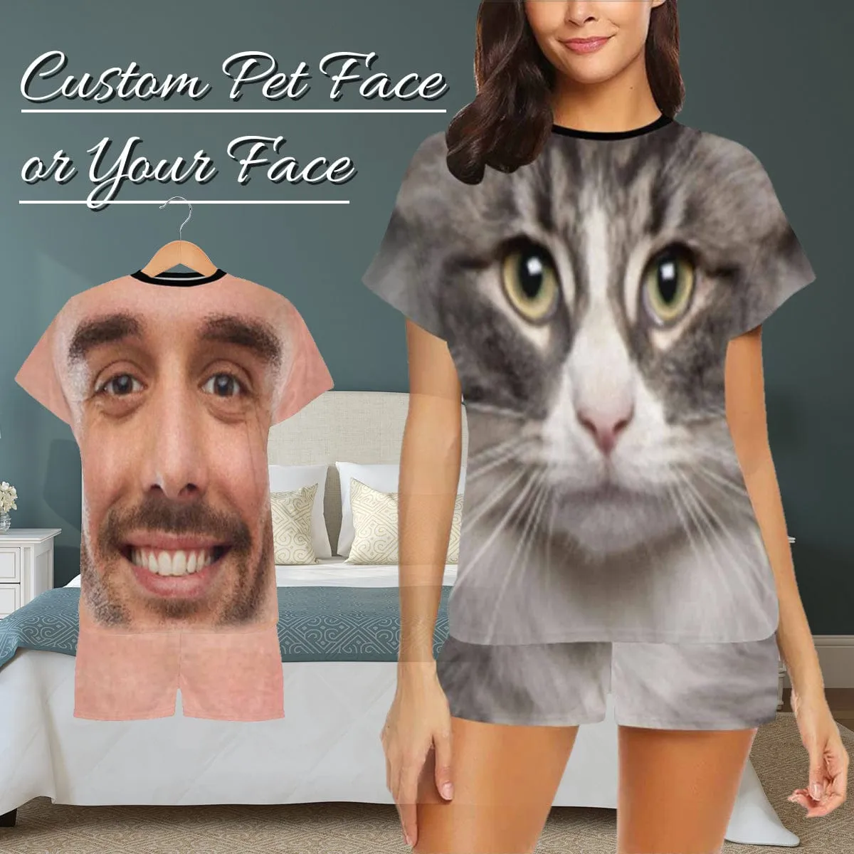 Custom Face Pet Pajamas Gray Cute Kitty Loungewear Personalized Photo Women's Short Pajama Set