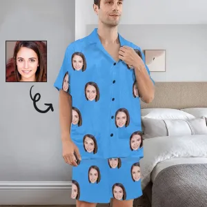 Custom Lover Face Pajamas for Him Summer Loungewear Personalized Men's V-Neck Short Sleeve Pajama Set