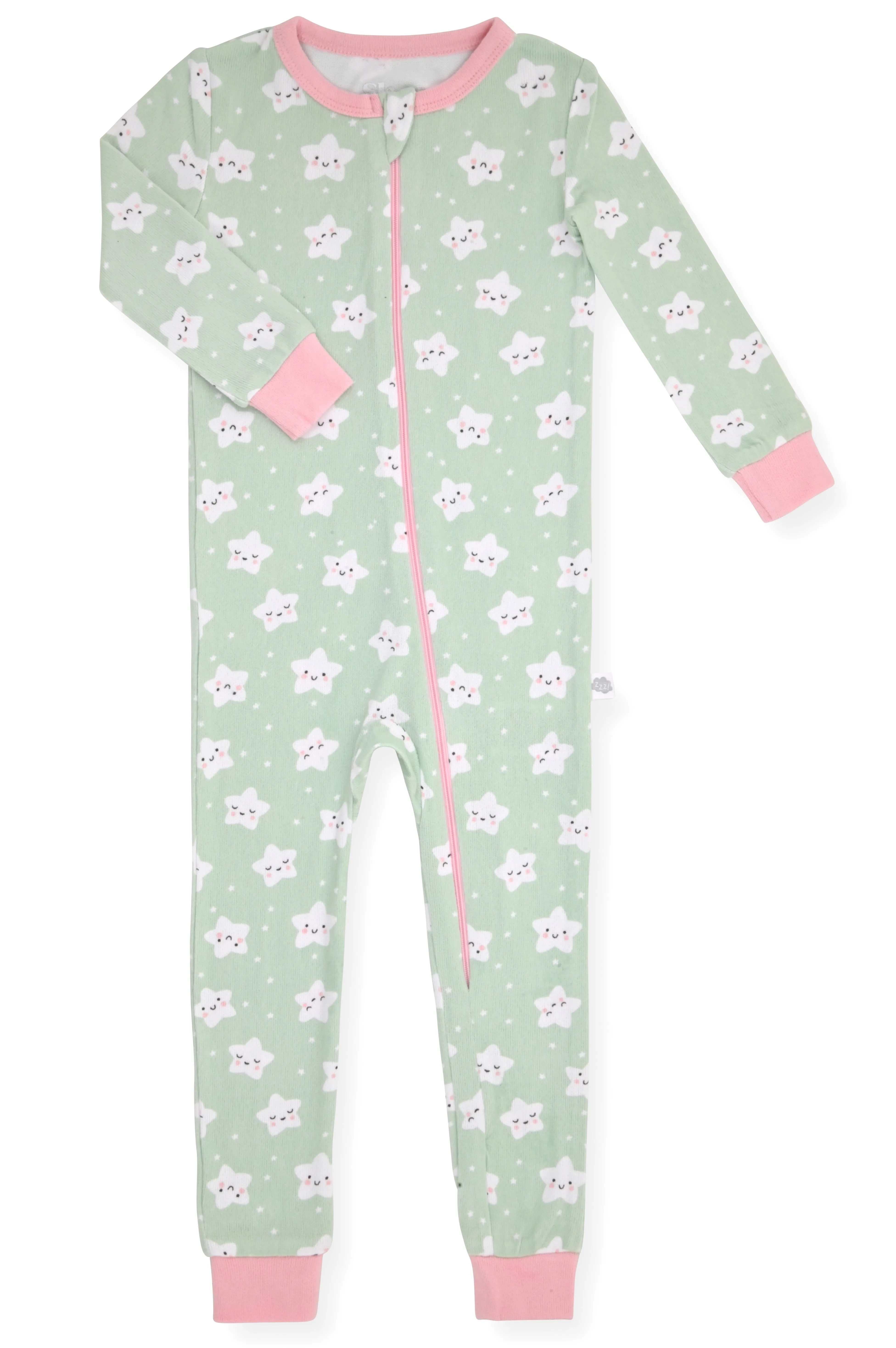 Girls Long Sleeve Super Soft Snuggle Jersey Zip-Up Coverall Pajama with Blankey Buddy- Smiley Stars.