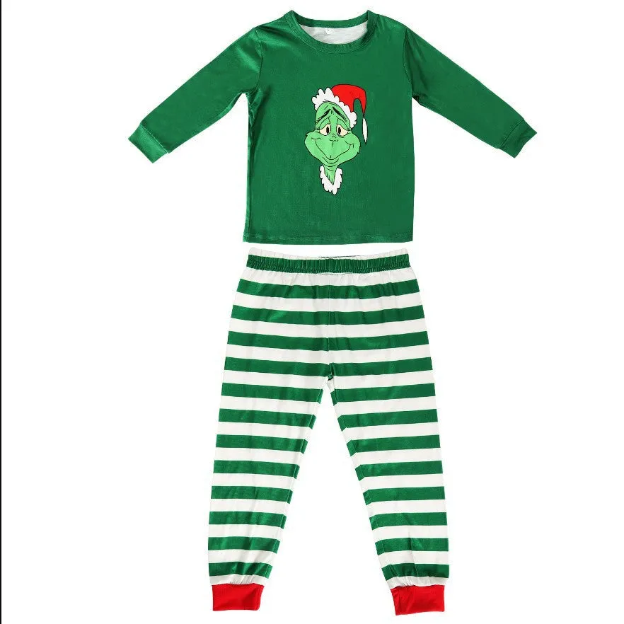 Grinch Christmas Round Neck Green Striped Cartoon Print Family Pajamas Set