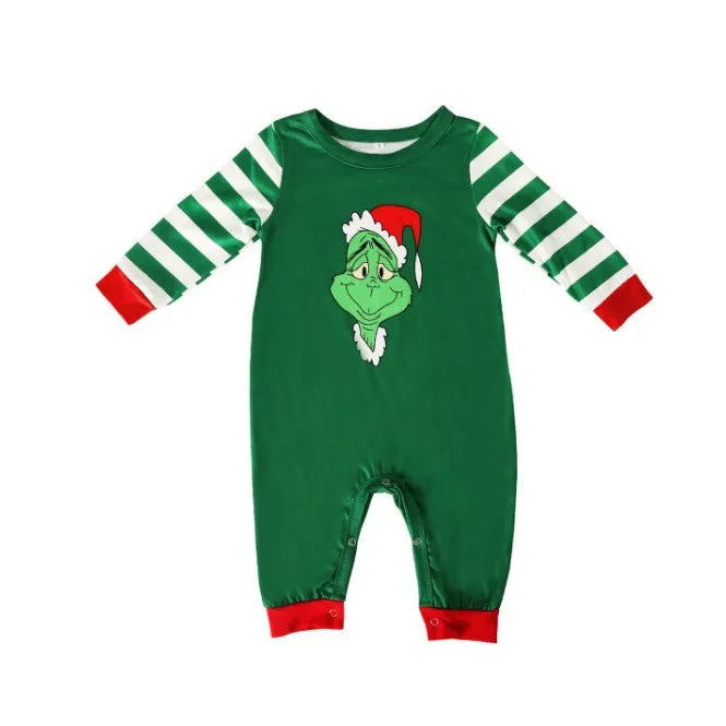 Grinch Christmas Round Neck Green Striped Cartoon Print Family Pajamas Set