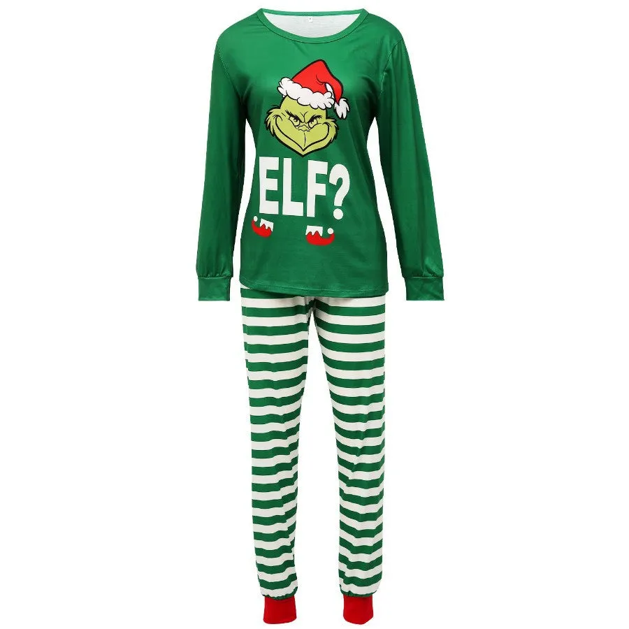 Grinch Christmas Round Neck Green Striped Cartoon Print Family Pajamas Set