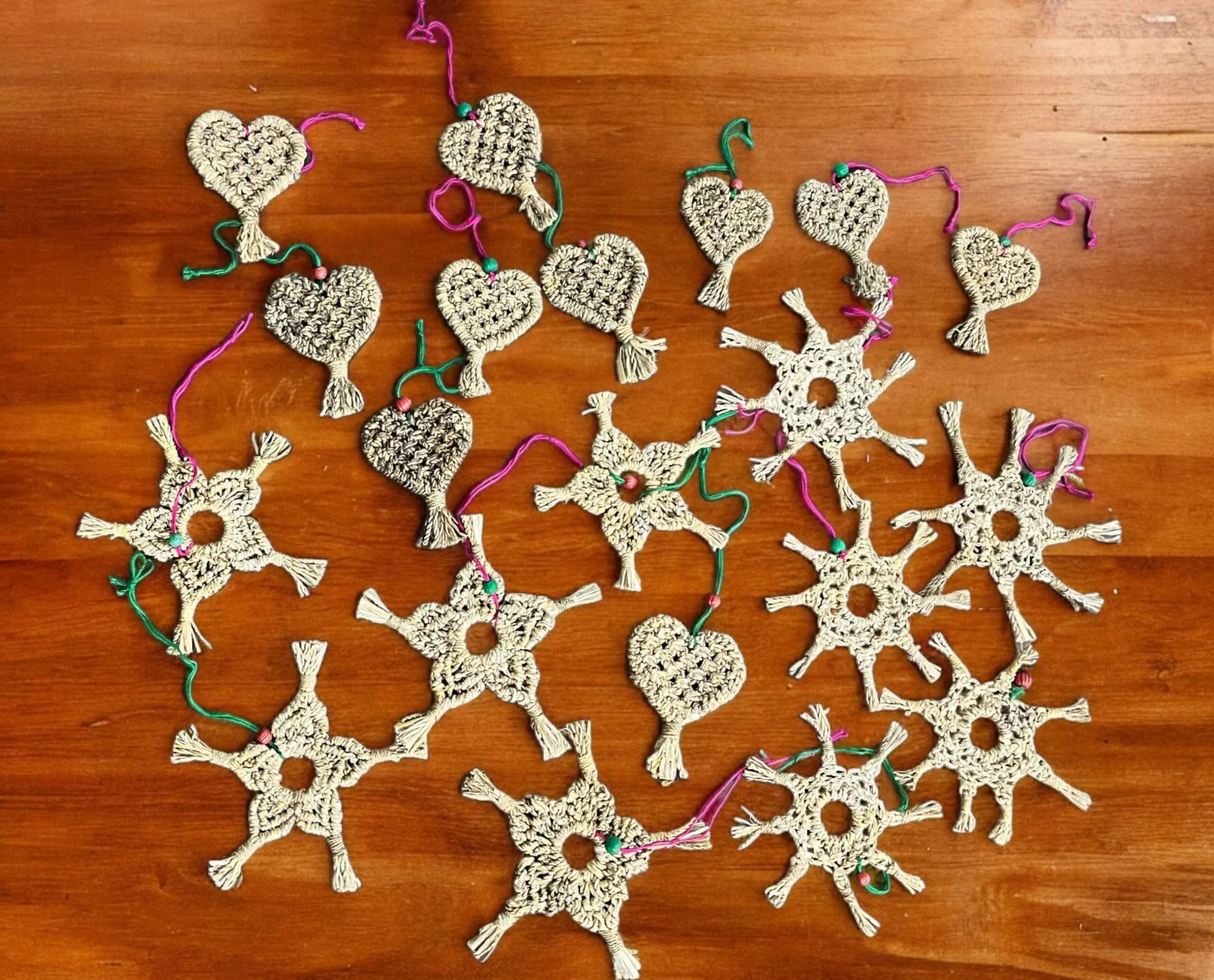 Handwoven Heart , Star Decoration Ornaments , X-Mas Tree Decor , Handmade Small Christmas Tree Ornaments Lot 50 Pieces Mix