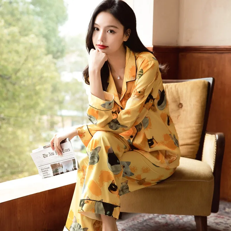 High Quality Women's Pajamas Set Cute Cat Pet Print Silky Touch Nightie Homewear Simple Sleepwear Loungewear Female