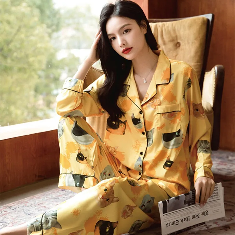 High Quality Women's Pajamas Set Cute Cat Pet Print Silky Touch Nightie Homewear Simple Sleepwear Loungewear Female