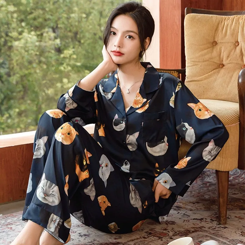 High Quality Women's Pajamas Set Cute Cat Pet Print Silky Touch Nightie Homewear Simple Sleepwear Loungewear Female