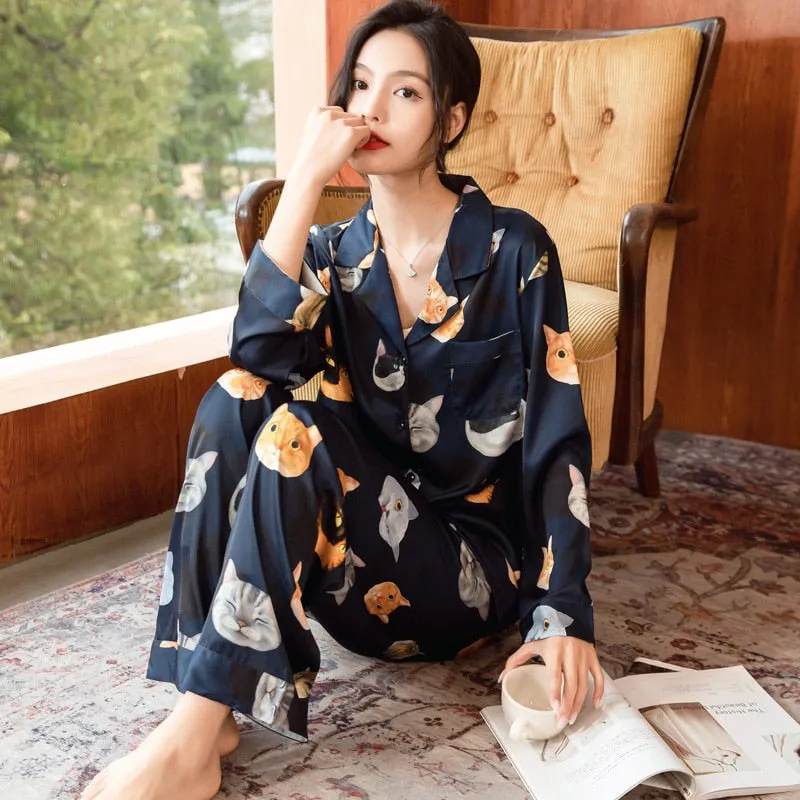 High Quality Women's Pajamas Set Cute Cat Pet Print Silky Touch Nightie Homewear Simple Sleepwear Loungewear Female