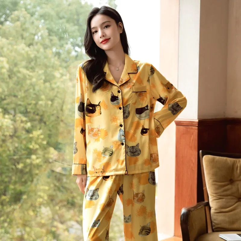 High Quality Women's Pajamas Set Cute Cat Pet Print Silky Touch Nightie Homewear Simple Sleepwear Loungewear Female