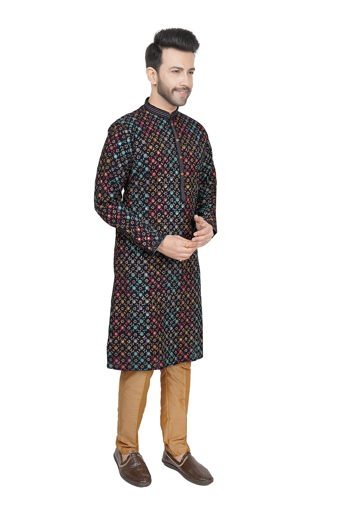 Jet black printed mens kurta