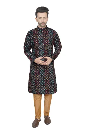 Jet black printed mens kurta