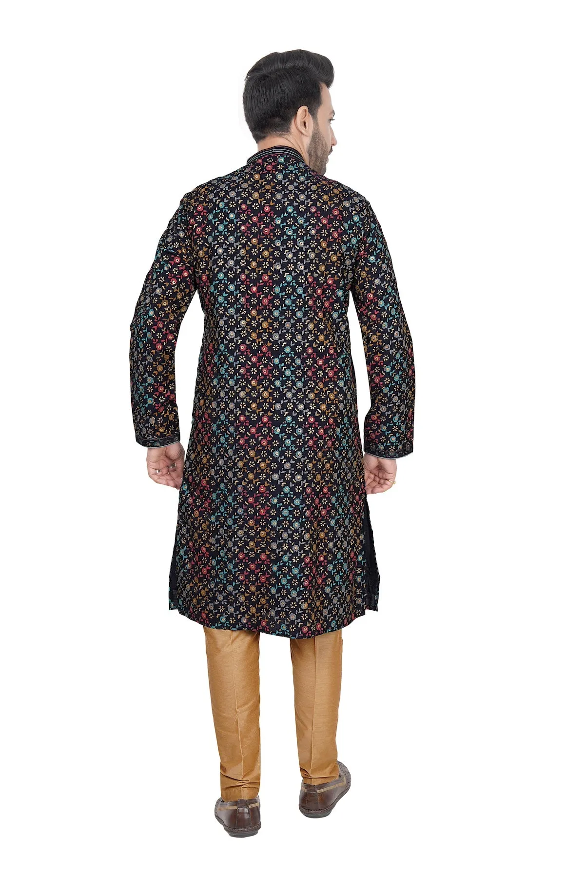 Jet black printed mens kurta