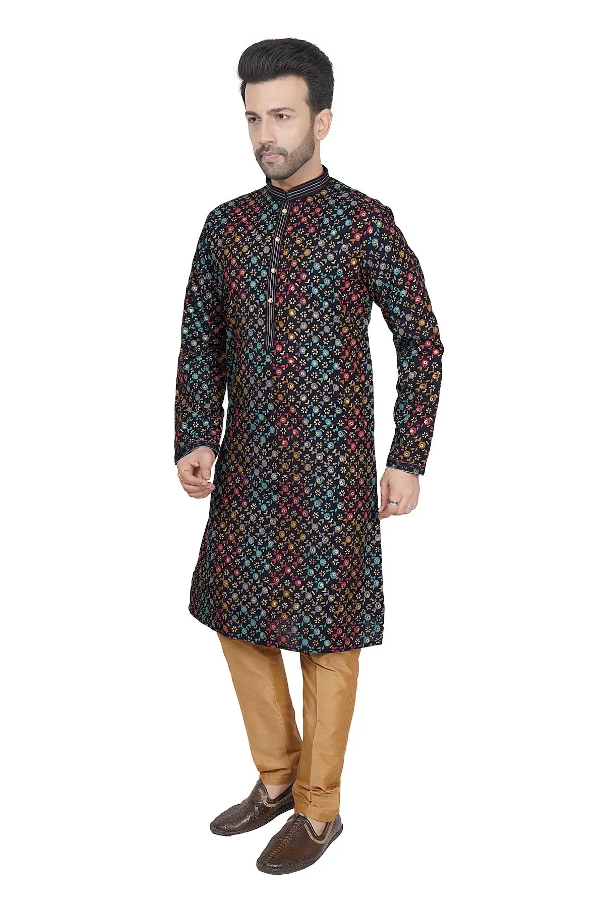 Jet black printed mens kurta