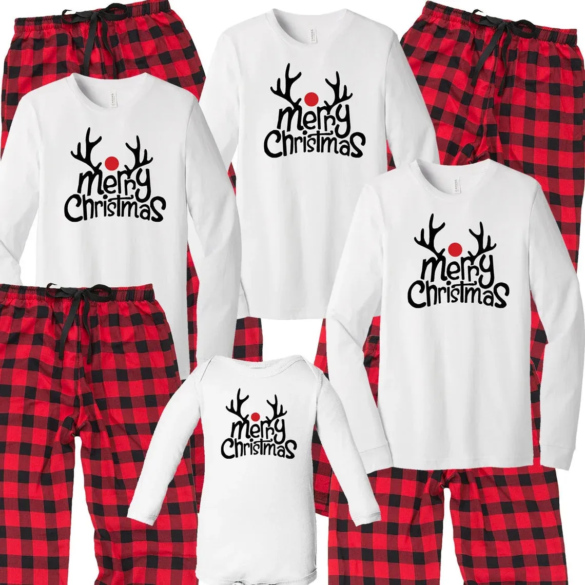 Merry Christmas Reindeer Matching Family Pajamas - Red/Black Buffalo Pants