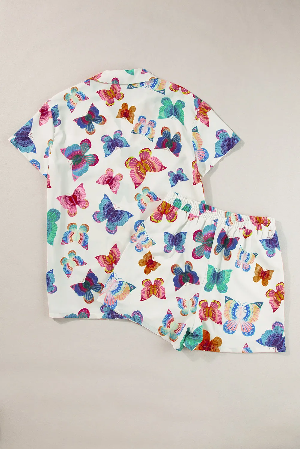 Multicolour Butterfly Pattern Short Sleeve Shirt Pajamas Set