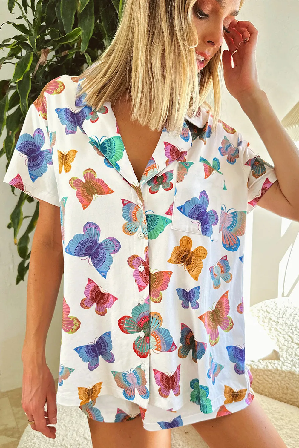 Multicolour Butterfly Pattern Short Sleeve Shirt Pajamas Set