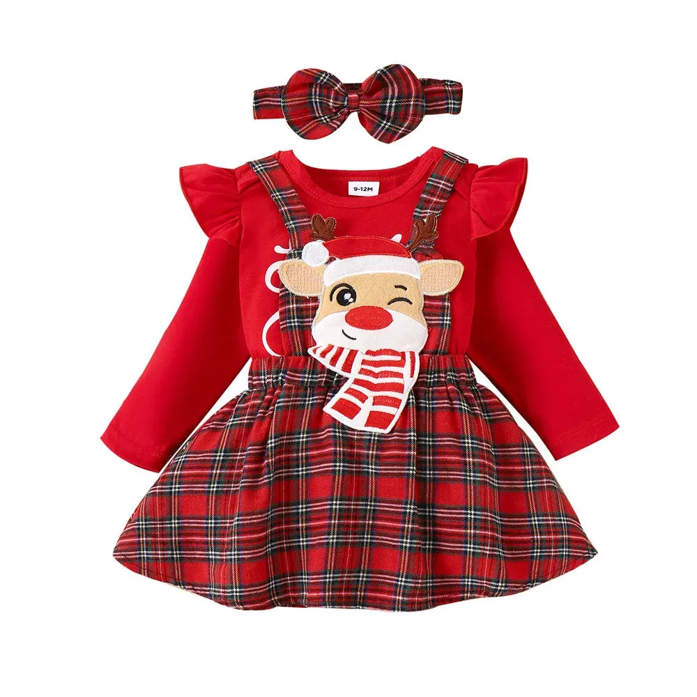 Newborn Infant Baby Girls Christmas Clothes Outfits Letter Print Romper Cartoon Deer Plaid Skirts Headwear Xmas Gifts Costume