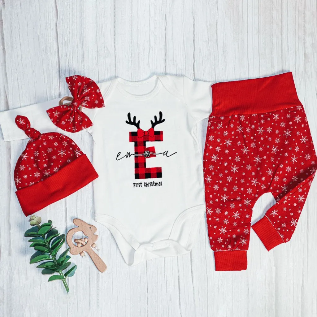 Personalized Christmas Baby Girl Onesies and Long Pants Set | Custom Infant Onesie Monogram Buffalo Plaid Baby Name | Newborn Christmas Onesie