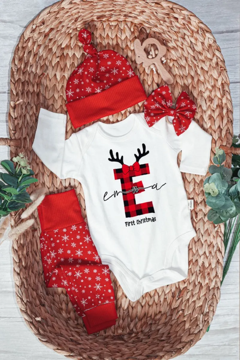 Personalized Christmas Baby Girl Onesies and Long Pants Set | Custom Infant Onesie Monogram Buffalo Plaid Baby Name | Newborn Christmas Onesie