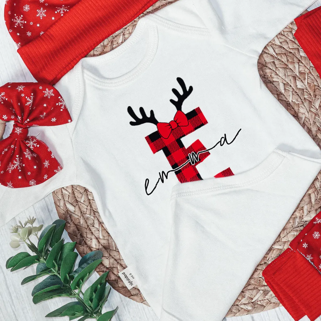 Personalized Christmas Baby Girl Onesies and Long Pants Set | Custom Infant Onesie Monogram Buffalo Plaid Baby Name | Newborn Christmas Onesie