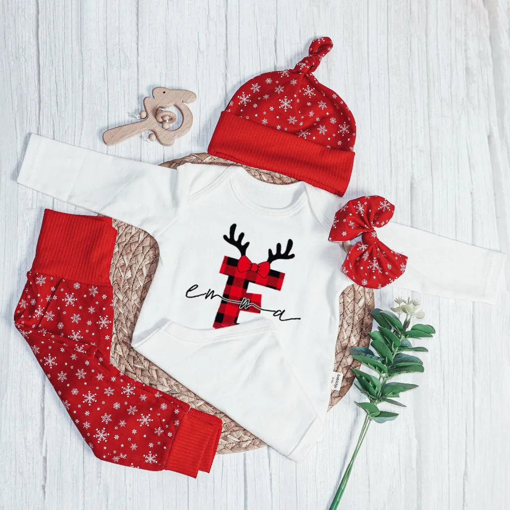 Personalized Christmas Baby Girl Onesies and Long Pants Set | Custom Infant Onesie Monogram Buffalo Plaid Baby Name | Newborn Christmas Onesie