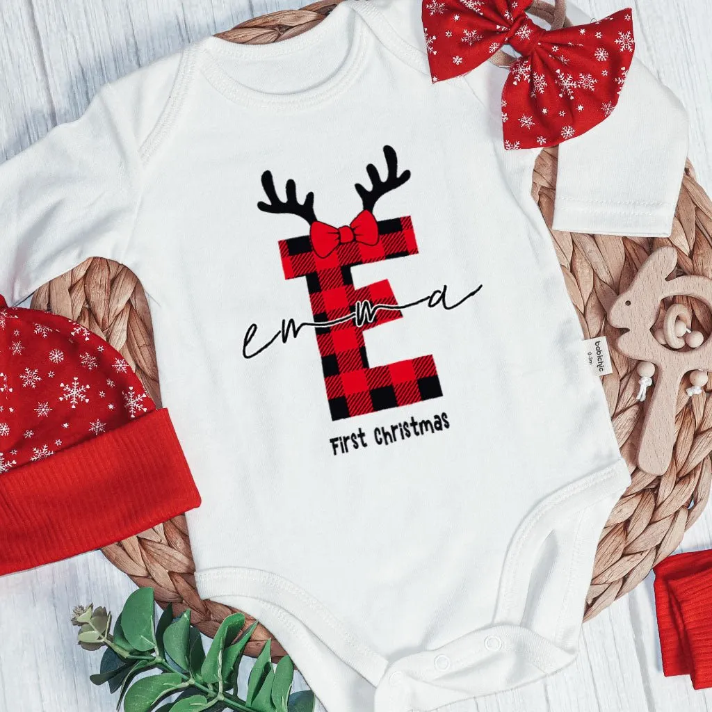 Personalized Christmas Baby Girl Onesies and Long Pants Set | Custom Infant Onesie Monogram Buffalo Plaid Baby Name | Newborn Christmas Onesie