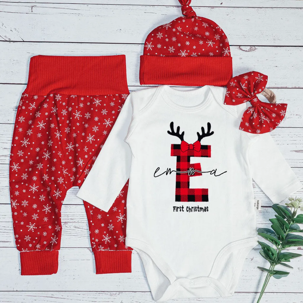 Personalized Christmas Baby Girl Onesies and Long Pants Set | Custom Infant Onesie Monogram Buffalo Plaid Baby Name | Newborn Christmas Onesie