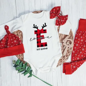 Personalized Christmas Baby Girl Onesies and Long Pants Set | Custom Infant Onesie Monogram Buffalo Plaid Baby Name | Newborn Christmas Onesie