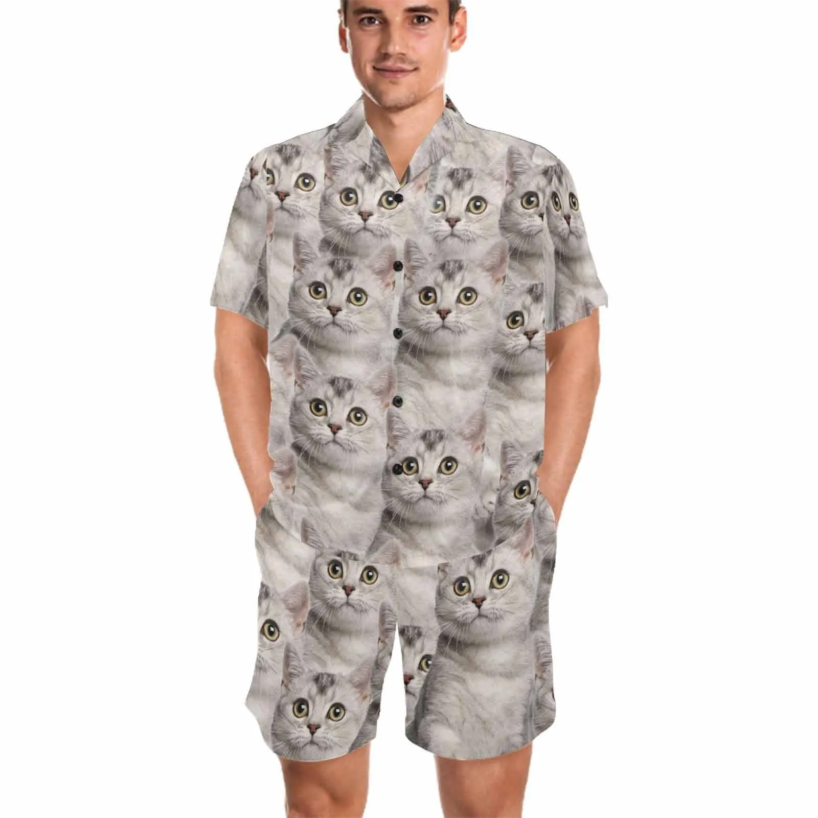 Personalized Pet Pajamas Summer Loungewear Custom Photo Cat Seamless Men's V-Neck Short Sleeve Pajama Set