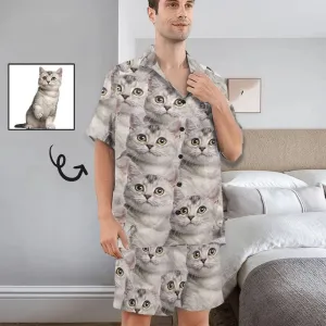 Personalized Pet Pajamas Summer Loungewear Custom Photo Cat Seamless Men's V-Neck Short Sleeve Pajama Set