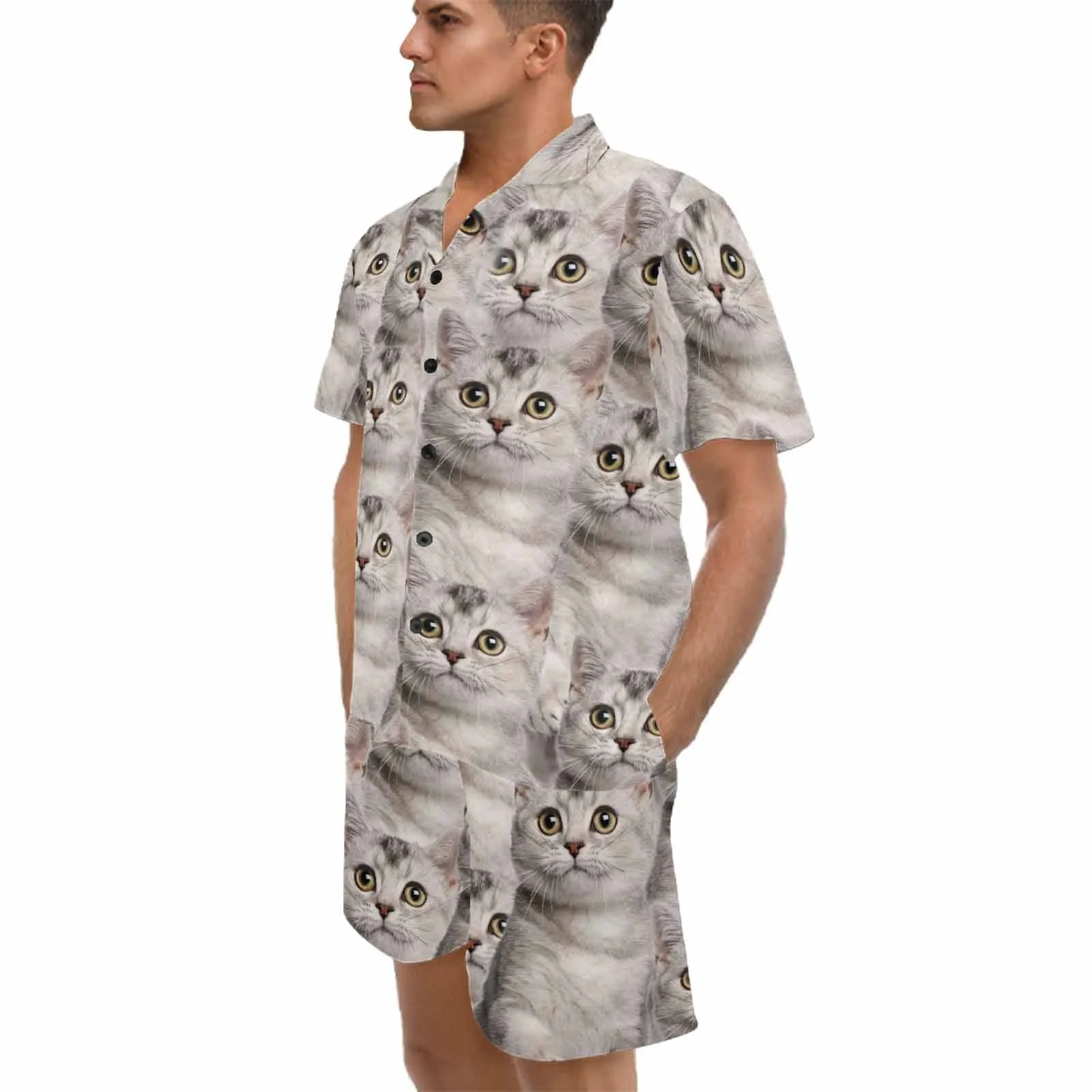 Personalized Pet Pajamas Summer Loungewear Custom Photo Cat Seamless Men's V-Neck Short Sleeve Pajama Set