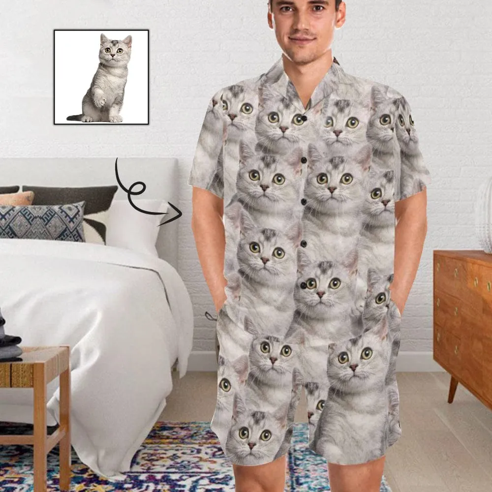 Personalized Pet Pajamas Summer Loungewear Custom Photo Cat Seamless Men's V-Neck Short Sleeve Pajama Set