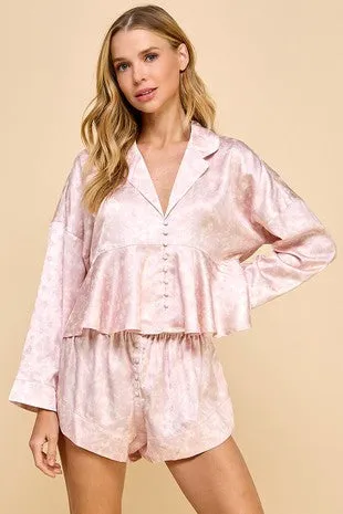 Pink Floral Satin Pajama Set