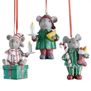 Raz Imports 4-inch Mouse in Pajamas Ornament, Assortment of 3