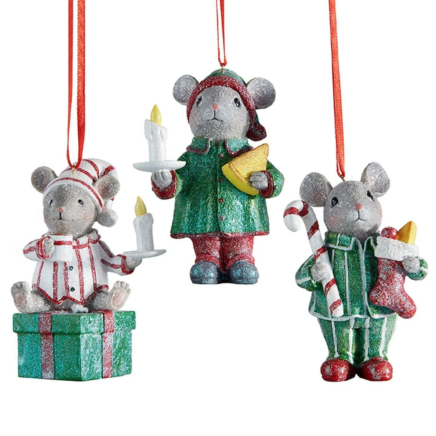 Raz Imports 4-inch Mouse in Pajamas Ornament, Assortment of 3