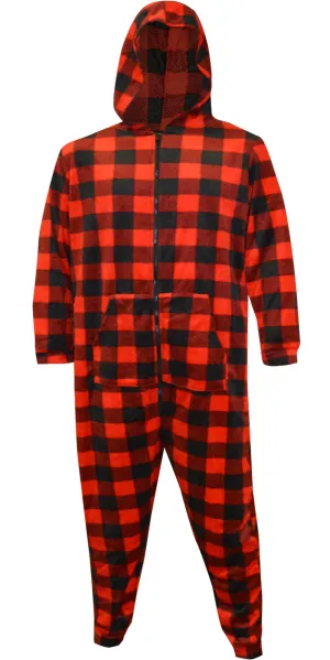 Red and Black Buffalo Plaid Print Mens Hooded Onesie