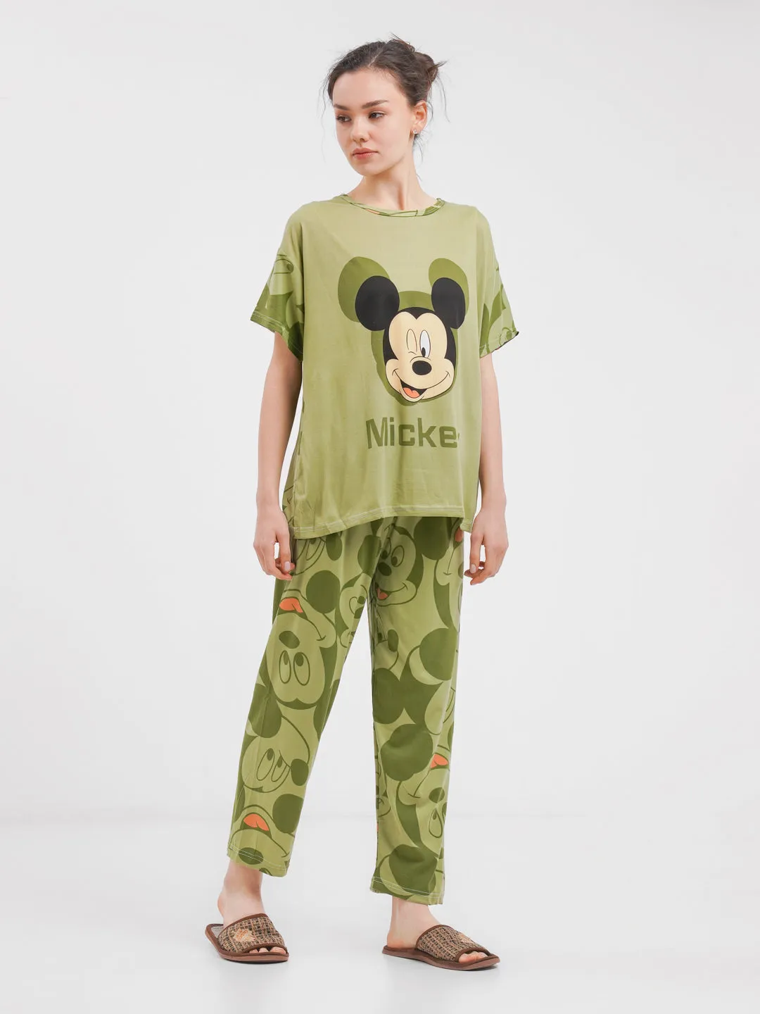 Sajiero Noise Cotton 3 Piece Printed Pajama Suit Olive Green