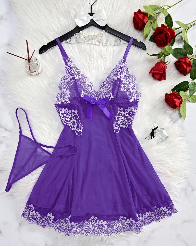 SheCurve®Sexy Sheer Lace Nightgown with G-String