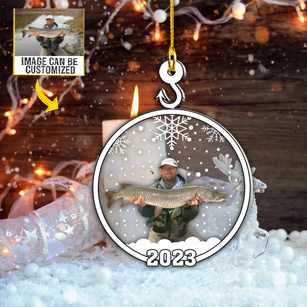 Teesdily | Fisherman Customized Car Pendant Hanging With Photo Snowflake Christmas Decorations For Home Memory Keepsake Christmas Gifts Xmas Decor