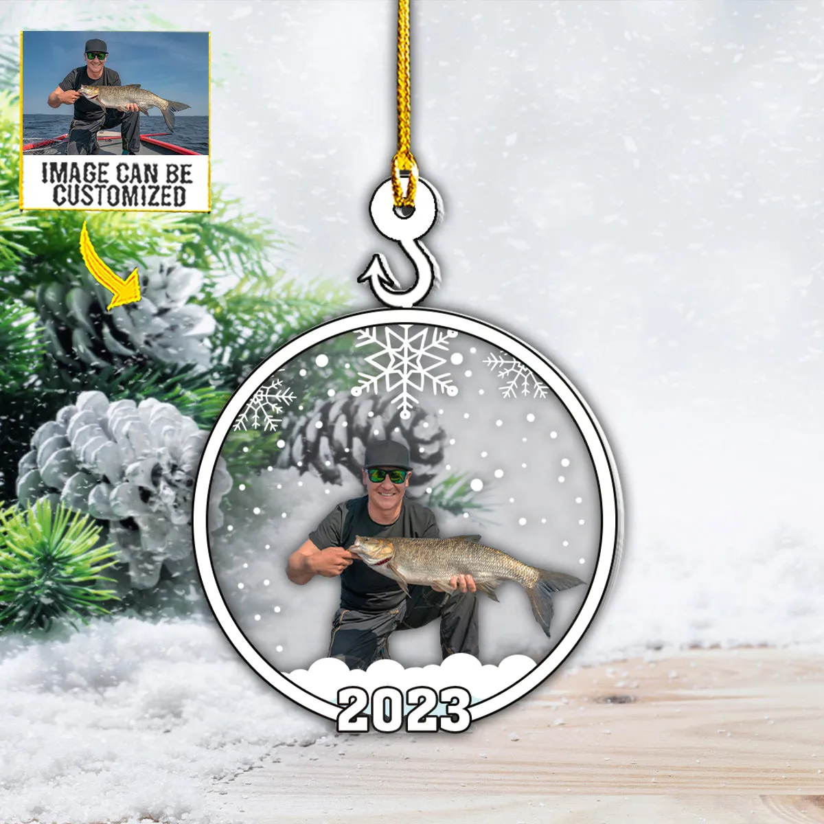 Teesdily | Fisherman Personalized Rear View Mirror Hanging With Photo Snowflake Christmas Decorations For Home Memory Keepsake Christmas Gifts