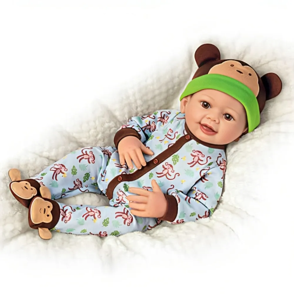 The Ashton-Drake Galleries Lucas Monkey-Themed Lifelike Baby Doll RealTouch® Vinyl Poseable Weighted Cloth Body Hand-rooted Hair by Linda Murray 18-inches