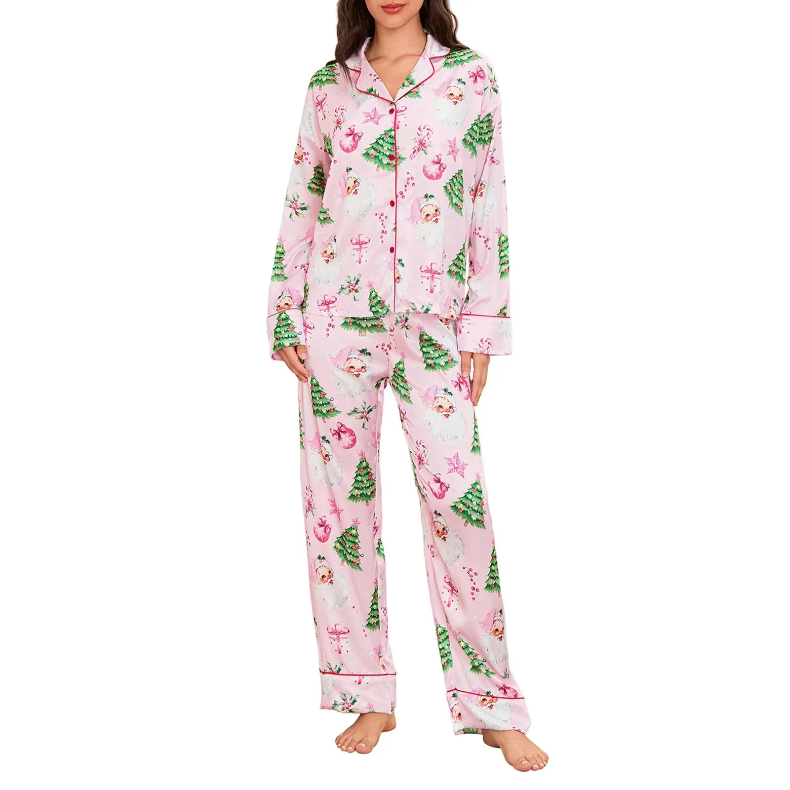 Toleet-Satin Silk Christmas Pajamas Set Women Cute Santa Claus Pjs Button Up Shirt Pants 2 Piece Xmas Jammies Comfy Lounge Sleepwear