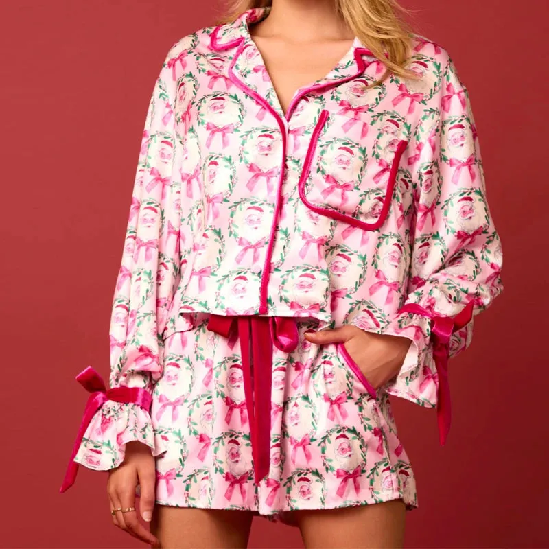 Toleet-Women Christmas Silk Satin Pajamas Santa Print 2 Piece Bow Tie Pjs Long Sleeve Button Down Shirt Shorts Lounge Sleepwear Set