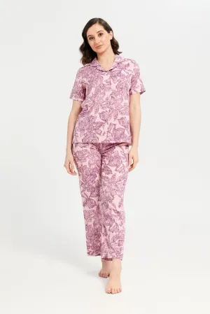 Women Purple Printed Classic Pyjama Set (2 Piece)