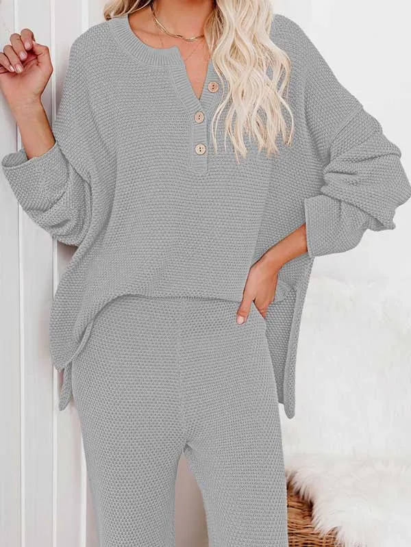 Women's 2 Piece Outfit Set Long Sleeve Button Pullover Sweater Top and Wide Leg Pants