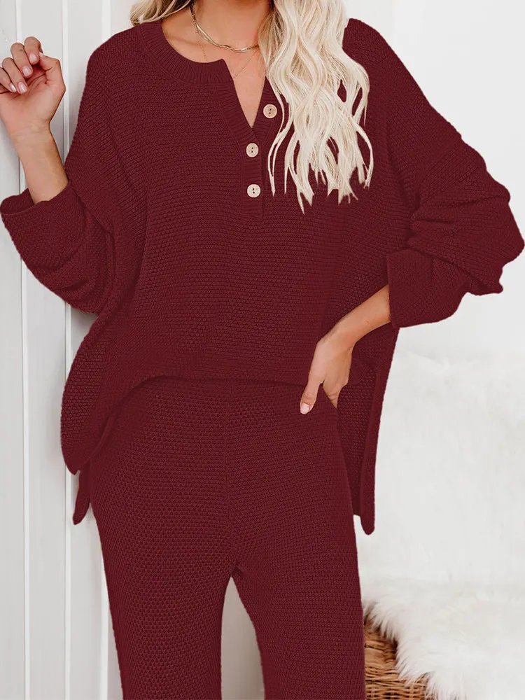 Women's 2 Piece Outfit Set Long Sleeve Button Pullover Sweater Top and Wide Leg Pants