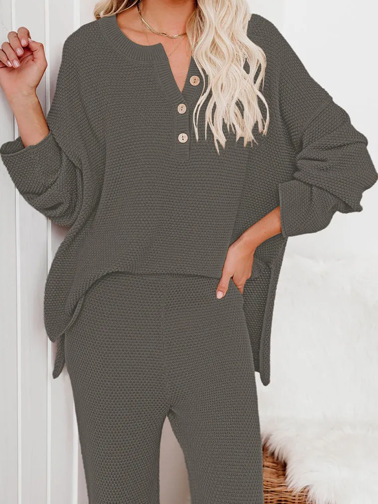 Women's 2 Piece Outfit Set Long Sleeve Button Pullover Sweater Top and Wide Leg Pants